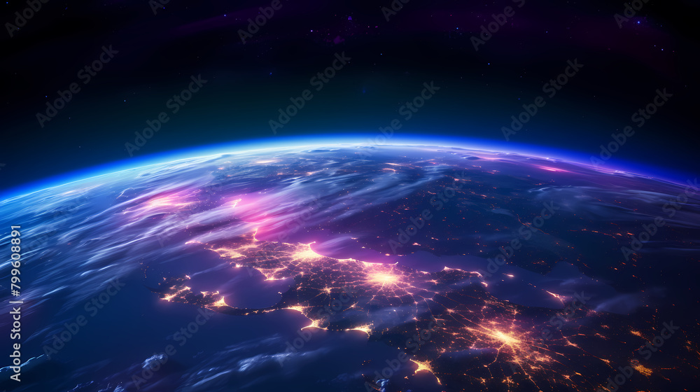 Beautiful view of Earth from space, purple and green Northern Lights Beautiful view of Earth from space, purple and green Northern Lights