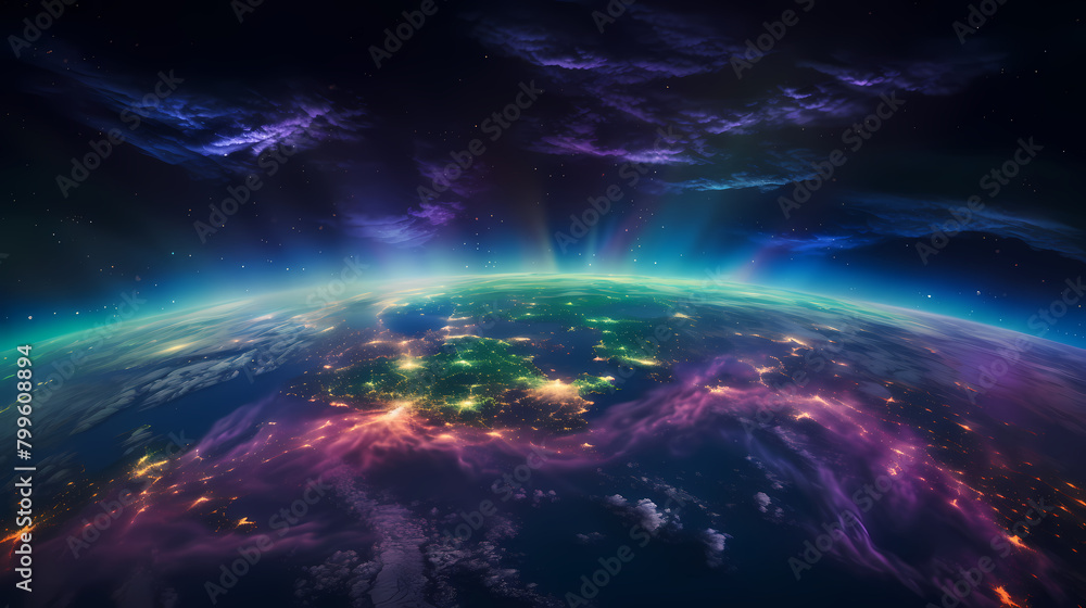 Fototapeta premium Beautiful view of Earth from space, purple and green Northern Lights