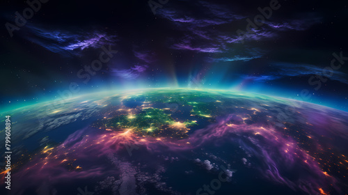 Beautiful view of Earth from space, purple and green Northern Lights