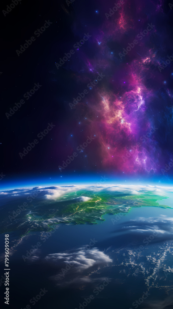 Beautiful view of Earth from space, purple and green Northern Lights