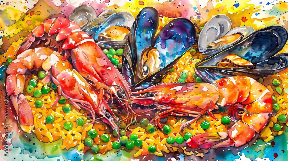 Vibrant watercolor image of a seafood paella, rich in colors with saffron yellow rice, peas, and a variety of shellfish