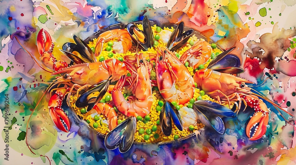 Fototapeta premium Vibrant watercolor image of a seafood paella, rich in colors with saffron yellow rice, peas, and a variety of shellfish