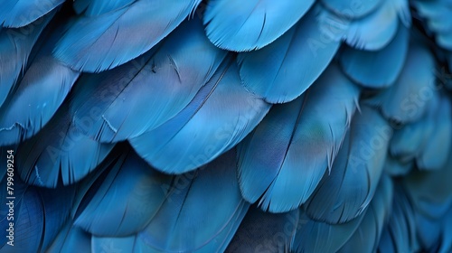 Digital art background of vibrant blue large bird feathers with detailed texture, perfect for a serene blue feather display. © horizor