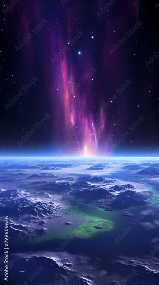 Beautiful view of Earth from space, purple and green Northern Lights Beautiful view of Earth from space, purple and green Northern Lights