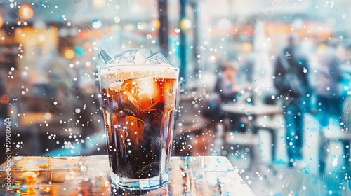 Vibrant watercolor scene of a cold coffee glass with ice, swirling with cream, set against a backdrop of a busy city cafe