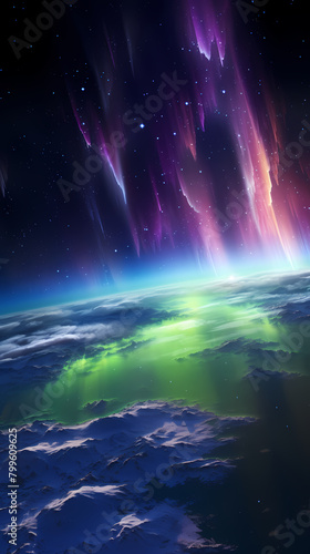 Beautiful view of Earth from space, purple and green Northern Lights © jiejie