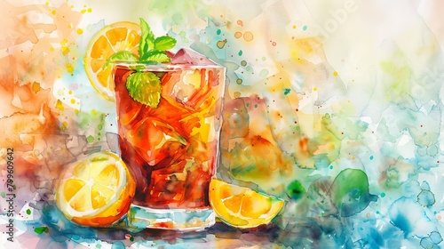 Vibrant watercolor scene of a summer iced tea with slices of lemon and mint  refreshing and bright against a sunny backdrop