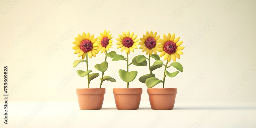Sun Flowers in a planter, 3D, childish style, on a white background, aspect ratio 2:1