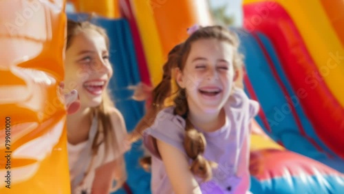 Two girls laughing joyfully while playing on bright, colorful bouncy castle. Captures carefree excitement and happiness of childhood fun.
