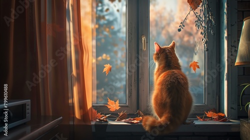 Capture a captivating long shot of a loyal pet gazing out a window, evoking a sense of longing and companionship Use warm, soft lighting to enhance the emotional connection