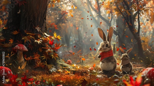 Create a whimsical digital painting of a mischievous rabbit and its caregiver sharing a moment of fun in a magical autumn forest Emphasize the fantastical elements like shimmering #799610802