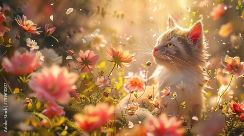 Craft a whimsical side portrait of a pet and its cherished companion frolicking amidst blossoming flowers in a stunning digital art piece photo