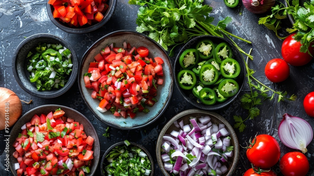 Vibrant overhead shot of Pico de Gallo ingredients, fresh diced tomatoes, onions, jalapenos, and cilantro, highlighted under studio lights, perfect for culinary photography Vibrant overhead shot of Pico de Gallo ingredients, fresh diced tomatoes, onions, jalapenos, and cilantro, highlighted under studio lights, perfect for culinary photography