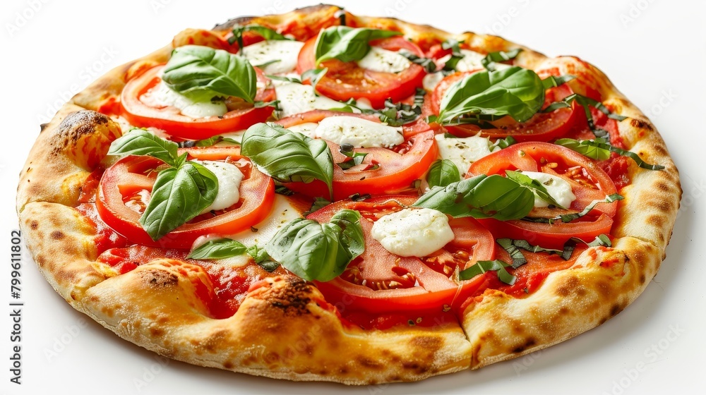 Top shot of a freshly made Caprese pizza, featuring juicy tomatoes and creamy mozzarella on a stark, white background, highlighted by studio lights