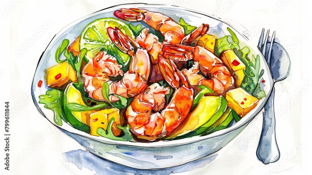 Watercolor illustration of an exotic salad with mango slices, avocado, and grilled shrimp, highlighted by a spicy lime dressing, capturing tropical flavors Watercolor illustration of an exotic salad with mango slices, avocado, and grilled shrimp, highlighted by a spicy lime dressing, capturing tropical flavors