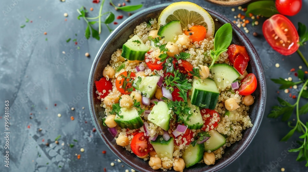 Summery Mediterranean quinoa salad, top view showcasing an assortment of fresh ingredients with a lemon-herb dressing, studio lighting on an isolated backdrop Summery Mediterranean quinoa salad, top view showcasing an assortment of fresh ingredients with a lemon-herb dressing, studio lighting on an isolated backdrop