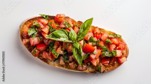 Top shot of gourmet bruschetta, fresh basil and ripe tomatoes atop crispy bread, studio lighting enhances the natural shine, white backdrop