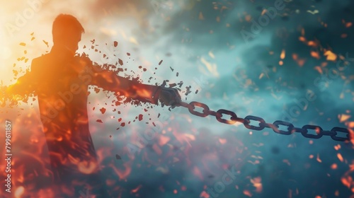 A person physically breaking chains and through barriers representing the idea of overcoming limitations and restrictions in discovering ones true personal identity amidst potential.