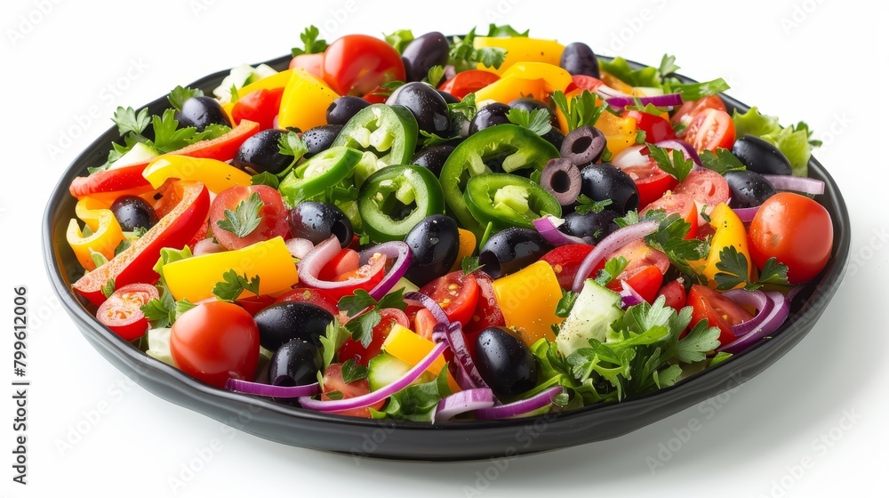Studio-lit image of a vibrant Greek salad, rich in colors from bell peppers to olives, set on a pure white background, emphasizing freshness and healthy ingredients