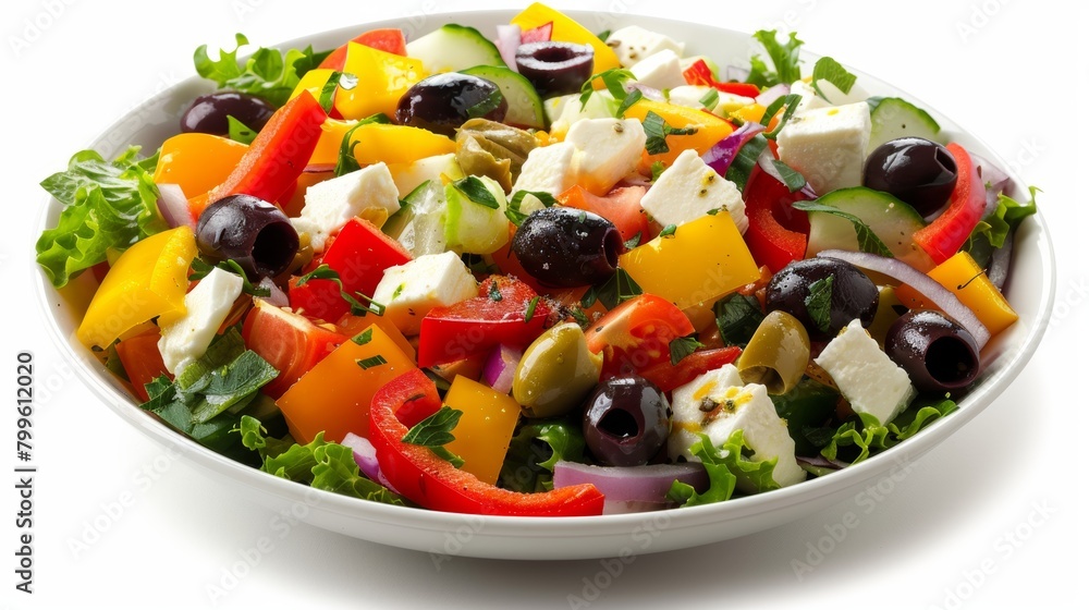 Studio-lit image of a vibrant Greek salad, rich in colors from bell peppers to olives, set on a pure white background, emphasizing freshness and healthy ingredients