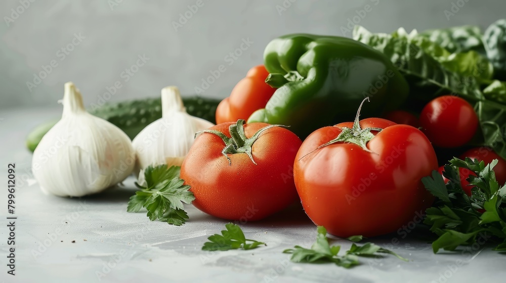 Studio-lit, close-up shot of fresh, crisp vegetables ready for making gazpacho, displayed on a minimalist background to focus on the purity and freshness of the ingredients Studio-lit, close-up shot of fresh, crisp vegetables ready for making gazpacho, displayed on a minimalist background to focus on the purity and freshness of the ingredients