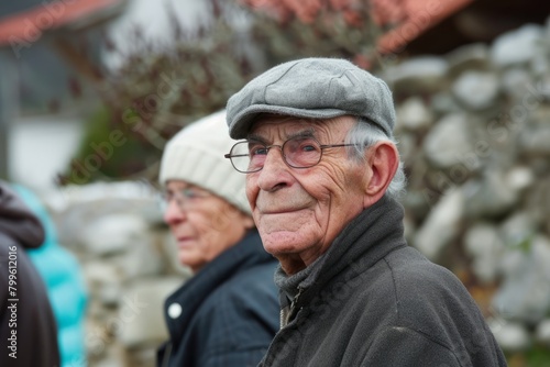 Elderly man with glasses and a cap in the village.