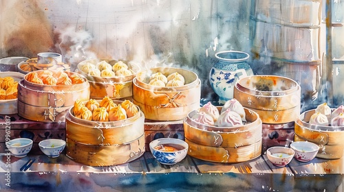 Watercolor of a Chinese dim sum table, with steaming bamboo baskets, the soft steam clouds blending with vibrant dish colors