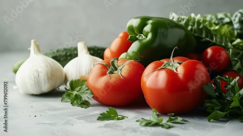 Studio-lit, close-up shot of fresh, crisp vegetables ready for making gazpacho, displayed on a minimalist background to focus on the purity and freshness of the ingredients