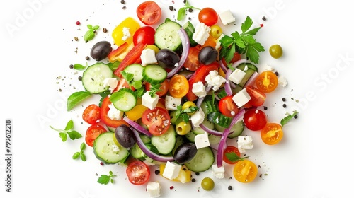Refreshing Greek Salad from above, displaying fresh ingredients like tomatoes, cucumbers, bell peppers, onions, olives, and feta cheese, isolated on a white background, studio lit