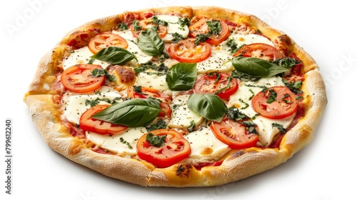 Professional studio shot from above of a mouth-watering Caprese pizza, emphasizing the freshness of its ingredients, against an isolated background