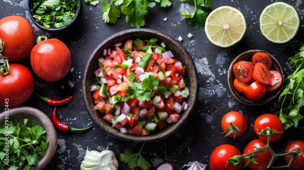 Overhead view capturing the essence of Pico de Gallo preparation, ingredients like cilantro and lime distinctly set against a stark background, illuminated by studio lights Overhead view capturing the essence of Pico de Gallo preparation, ingredients like cilantro and lime distinctly set against a stark background, illuminated by studio lights