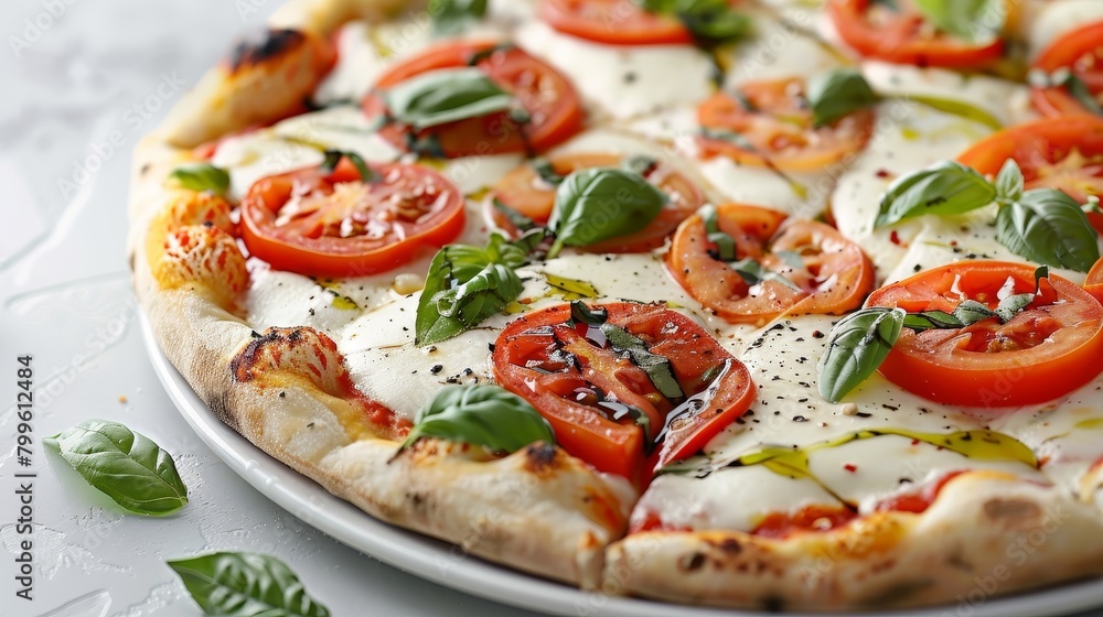 Organic ingredients on a Caprese pizza, close view, mozzarella dripping, set against a pure white backdrop Organic ingredients on a Caprese pizza, close view, mozzarella dripping, set against a pure white backdrop