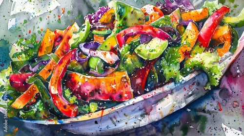 Watercolor painting of a vibrant vegetable stir-fry  bright colors capturing the freshness and crisp textures of the veggies