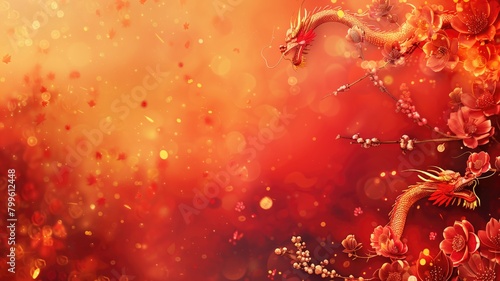 Two golden dragons amidst red blossoms on fiery background photo