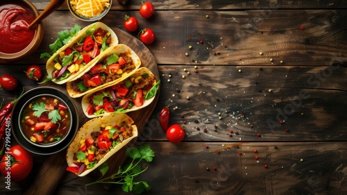 Tasty Mexican tacos with vegetables and meat on wooden table, surrounded by ingredients