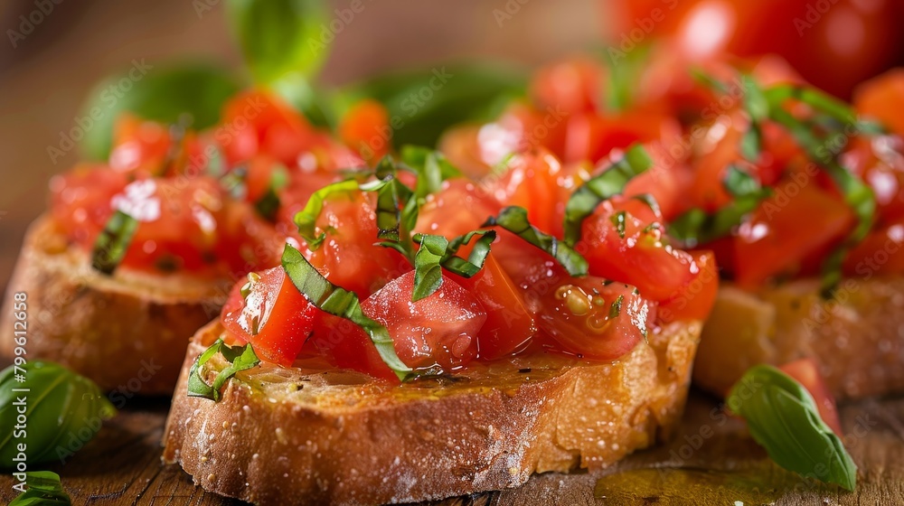 Macro shot of freshly prepared bruschetta, highlighting vibrant tomatoes and fresh basil on crispy bread, olive oil sheen, isolated studio backdrop Macro shot of freshly prepared bruschetta, highlighting vibrant tomatoes and fresh basil on crispy bread, olive oil sheen, isolated studio backdrop