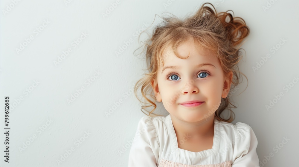 Young child with curly hair smiling softly against light background Young child with curly hair smiling softly against light background