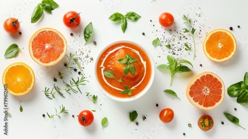 Minimalist top view of fresh gazpacho in a sleek bowl, ingredients artistically scattered around, highlighting freshness on a stark white background