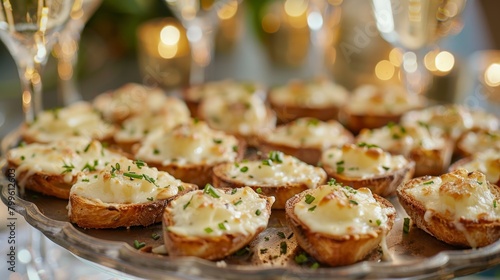 A tray of bitesized appetizers made with nonalcoholic wine sauce and melted gruyere cheese is passed around a party receiving approving nods and smiles.