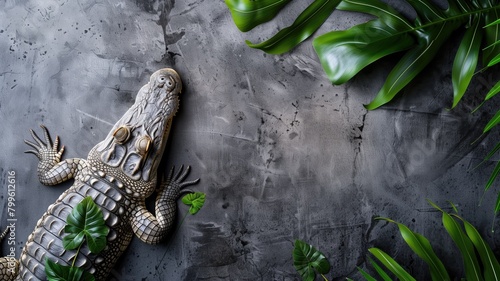 Crocodile figurine on dark textured surface with green leaves