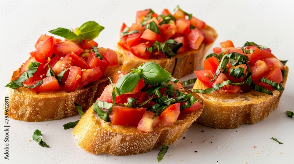 High angle view capturing the essence of bruschetta with fresh tomatoes, garlic, and basil, pristine presentation on an isolated background, studio lighting High angle view capturing the essence of bruschetta with fresh tomatoes, garlic, and basil, pristine presentation on an isolated background, studio lighting