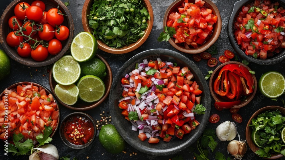High-resolution, top angle photo of Pico de Gallo ingredients, arranged for high visual impact, with studio lighting creating a dramatic effect