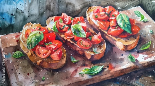 Watercolor still life of bruschetta on a rustic wooden table, fresh tomatoes and basil vivid against the toasted bread photo