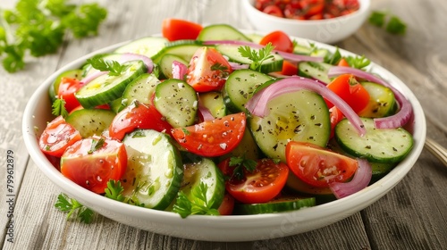 High-resolution image of a classic Greek salad, focusing on the lush green cucumbers and red tomatoes, with a tangy touch of red onion, studio isolated backdrop