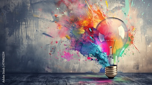 Light bulb with colorful paint explosion, representing creativity and innovation
