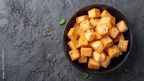 Crispy golden brown cubed croutons in black bowl on textured dark surface with green leaf garnish