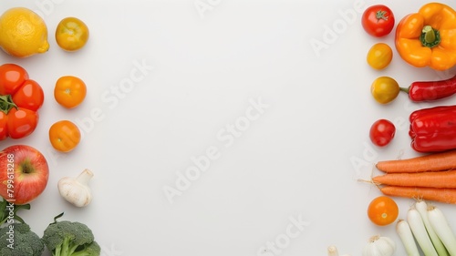 Assorted fresh vegetables and fruits on white background with copy space