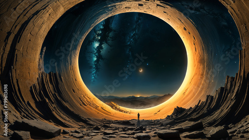Gigantic round portal to another world with astronaut space explorer standing at the edge of this alien gateway dwarfed by the sheer size of the ancient stone walls and milky way night sky and stars. photo