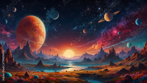 A vibrant celestial panorama populated by lively, cartoon-esque planets, reminiscent of a child's dreamy interpretation of the cosmos ai_generated