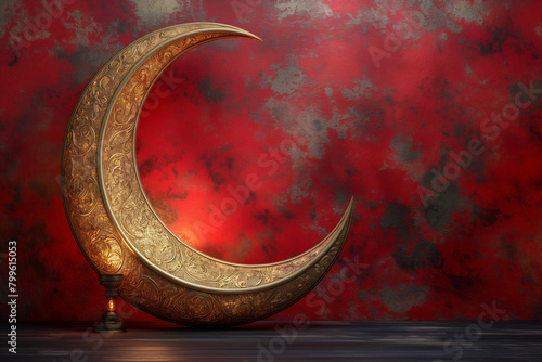 3d illustration of crescent moon with hanging golden stars. Generative AI